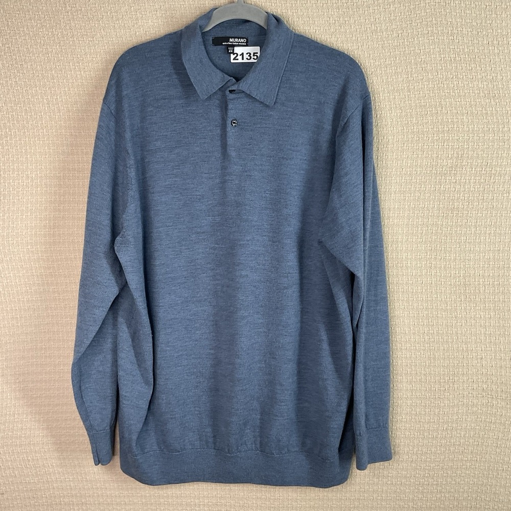 Murano Sweater‎ Men's 2X Dark Blue Extra Fine Merino Wool Collared Pullover